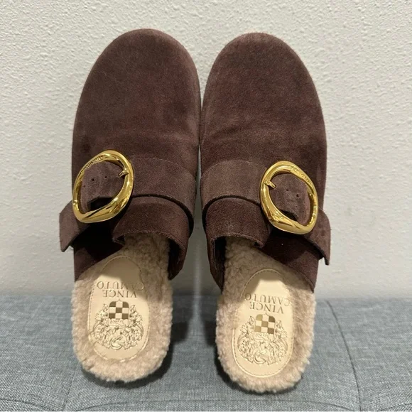 Vince Camuto Canzenee Chocolate Suede Mules with Gold Buckle - Picture 7 of 10